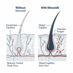 Minoxidil mechanism (vasodilation + anagen extension)